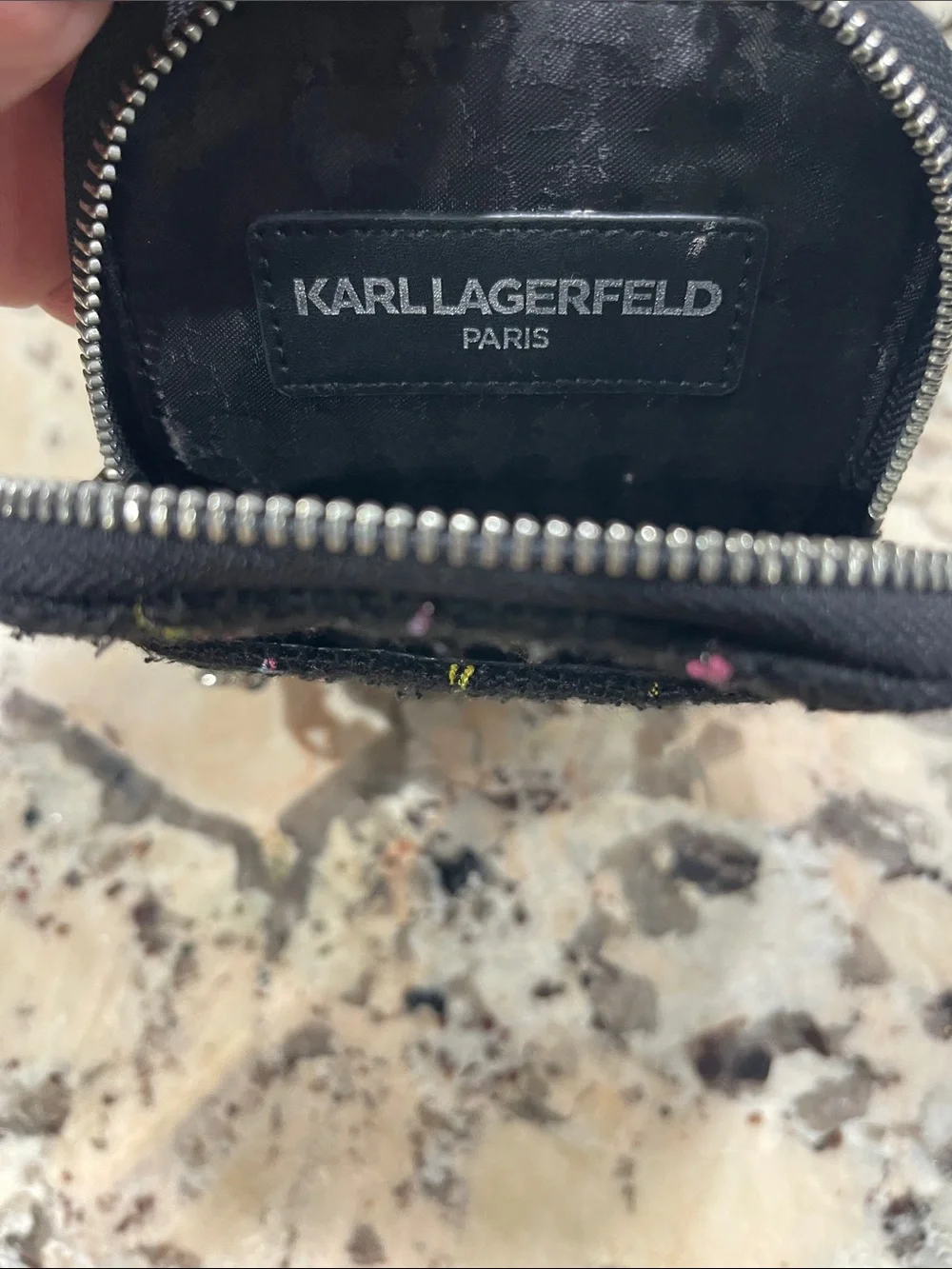 Karl Lagerfeld Black Tweed Crossbody Phone Pouch with Multicolor Stitching